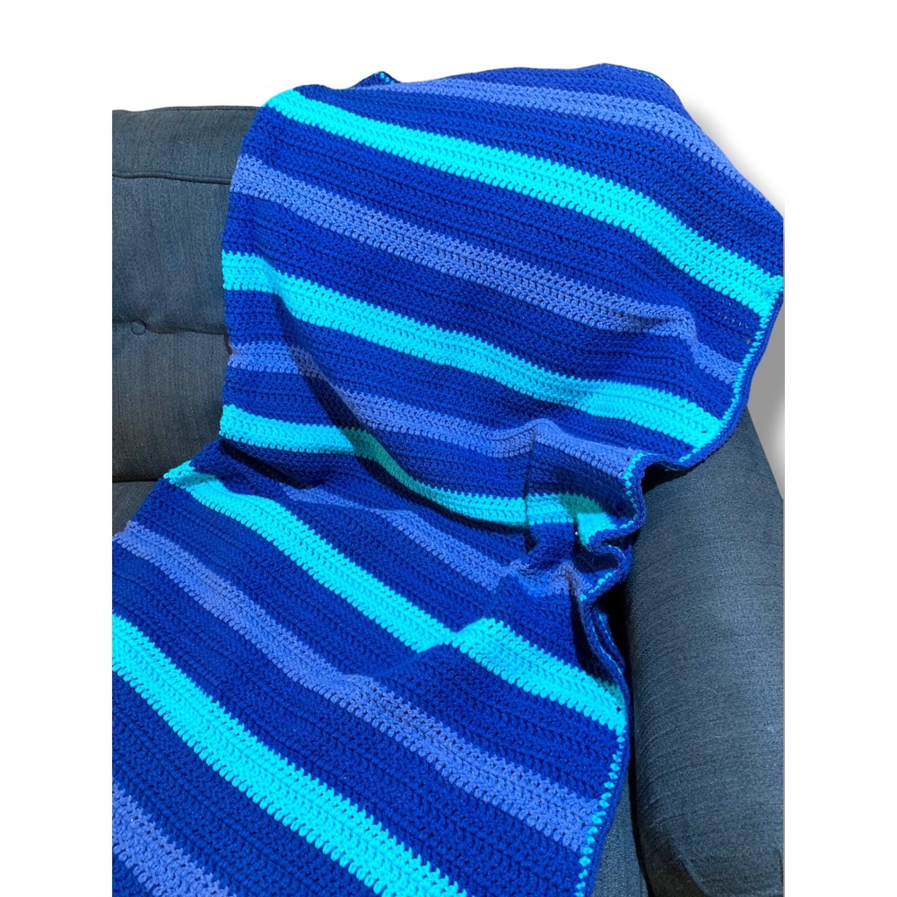 Vintage Crochet Afghan Striped Shades of Blue 64 x 62" Retro Decor Blanket Throw